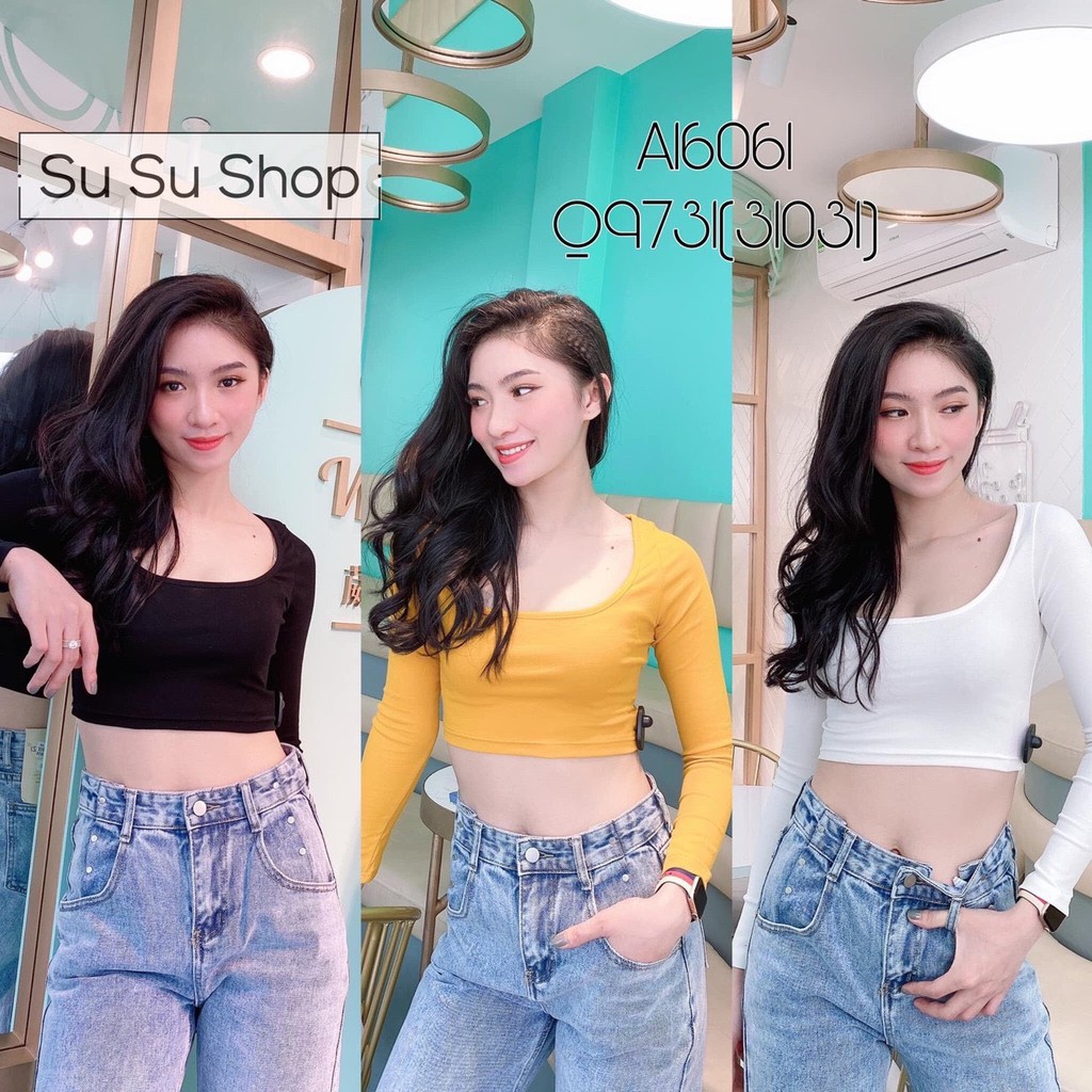 Áo thun lụa croptop tay dài cổ vuông dáng croptop xinh tôn dáng xinh xinh