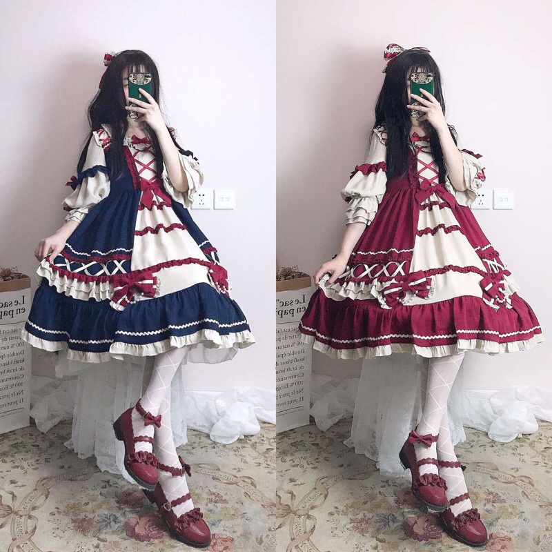 YAS0169-Váy OP lolita cổ vuông tay phồng