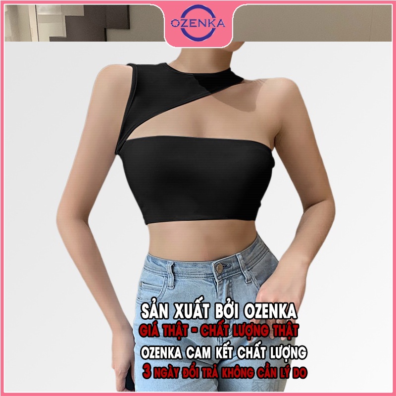 Áo croptop sát nách ôm nữ hở vai OZENKA , áo dệt kim không tay gợi cảm chất thun gân 100% cotton màu đen trắng dưới 50kg