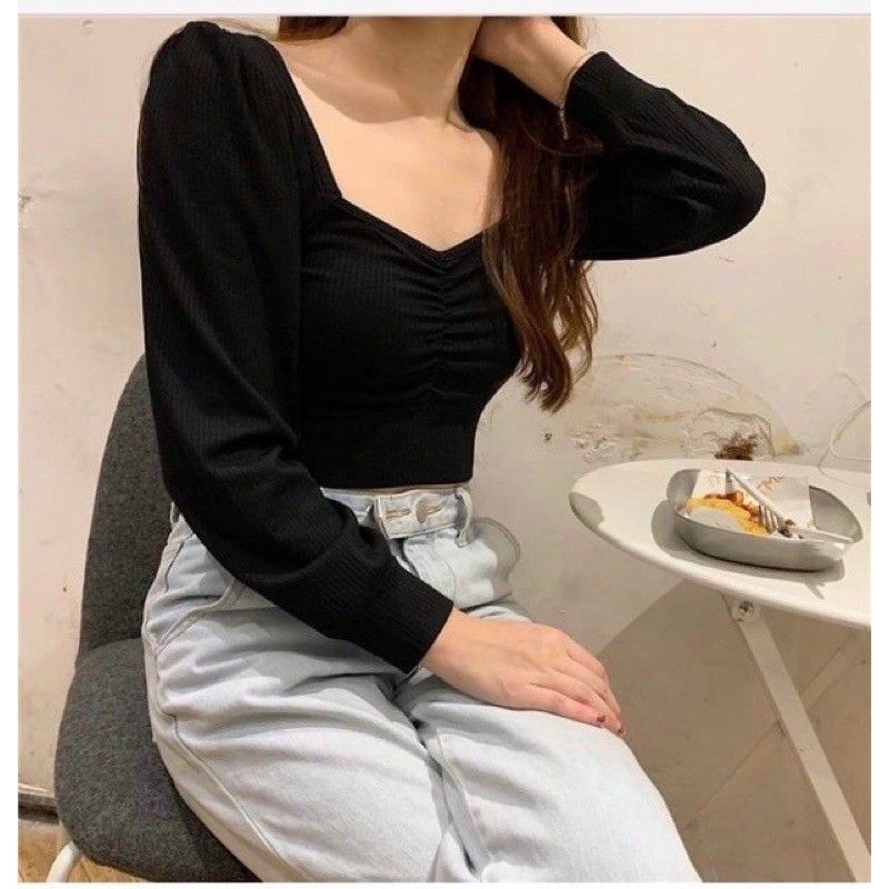 (Freeship)Áo crop top borip nhún ngực tay phồng siêu xinh | BigBuy360 - bigbuy360.vn