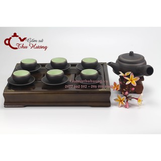 Ấm chén Bát Tràng_ Bộ trà tử sa Vuốt tay ngang chỉ bạc