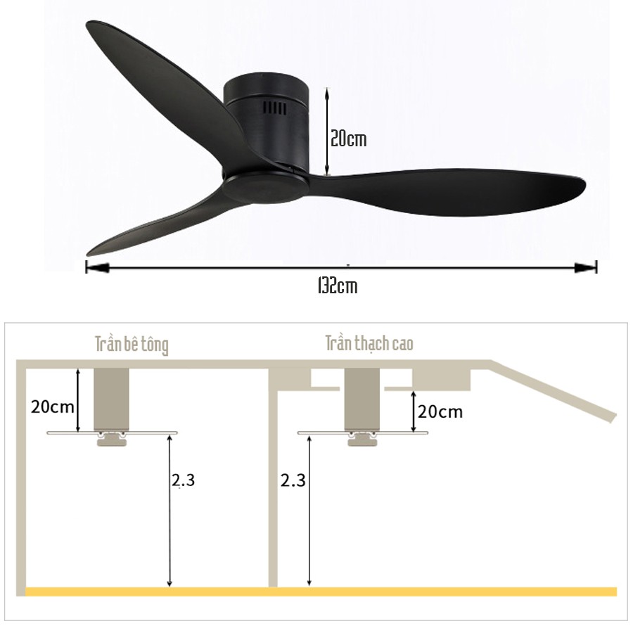 Quạt trần dành cho Trần Nhà THẤP 52DY-110BK - Quạt trần Hiện Đại sang trọng, tinh tế lắp đặt phòng khách, phòng ngủ