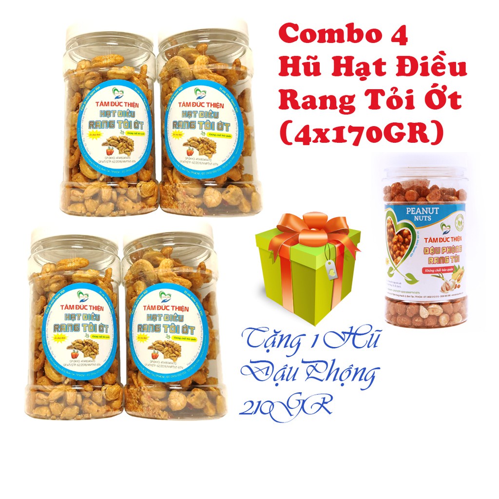 Combo 4 Hũ Hạt Điều Rang Tỏi Ớt - Hũ 170GR[Nguyên Liệu Sạch]Tặng 1 Hũ Đậu Phộng Rang Tỏi Ớt 210GR Tâm Đức Thiện