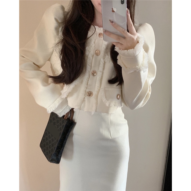 Set Áo Dạ Trắng Và Chân Váy Bút Chì Thiết Kế Hàng Quảng Châu Cao Cấp Phong Cách Tiểu Thư Phù Hợp Đi Ăn Tiệc Cưới Du Lịch