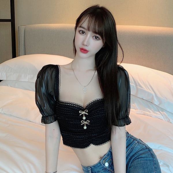 Áo Croptop Dệt Kim Tay Ngắn Cổ Vuông Phối Ren Thời Trang Quyến Rũ Cho Nữ