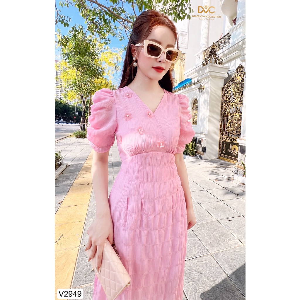 VÁY XỐP HỒNG CỔ V TAY NHÚN V2949 -DOLCE VIVA COLLECTION