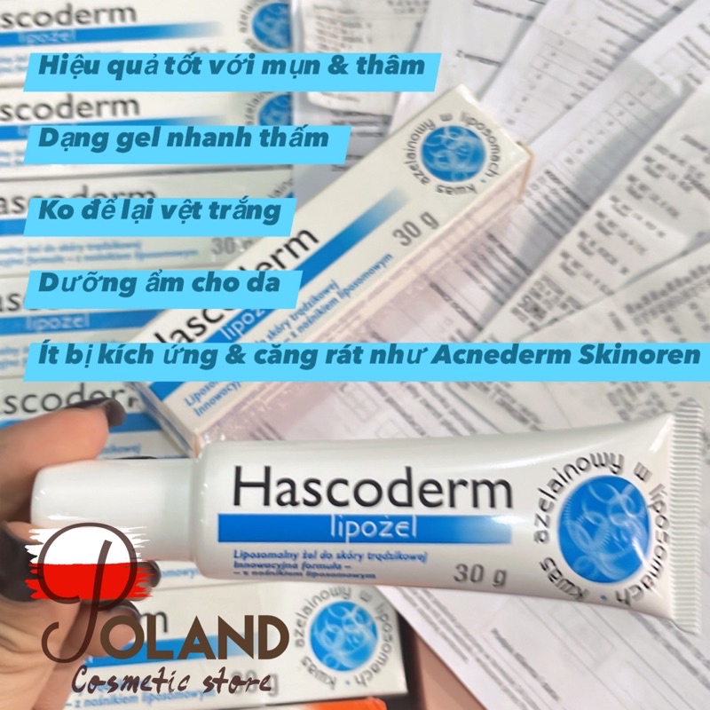 Gel chấm mụn Hascoderm với azelaic acid tương tự Skinoren giúp giảm mụn, giảm thâm & hiệu quả với mụn đầu đen tuýp 30g