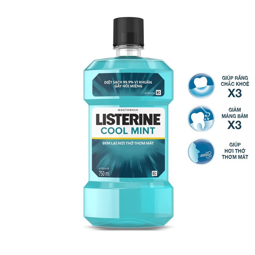 Nước súc miệng Listerine dệt khuẩn, giữ hơi thở thơm mát Listerine Coolmint Mouthwash 750ml - Tặng kèm chai 250ml