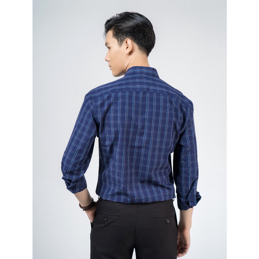 Áo sơ mi nam dài tay OWEN AR220143DT somi công sở vải sợi tre cao cấp màu kẻ caro navy xám nâu dáng suông tà lượn có túi