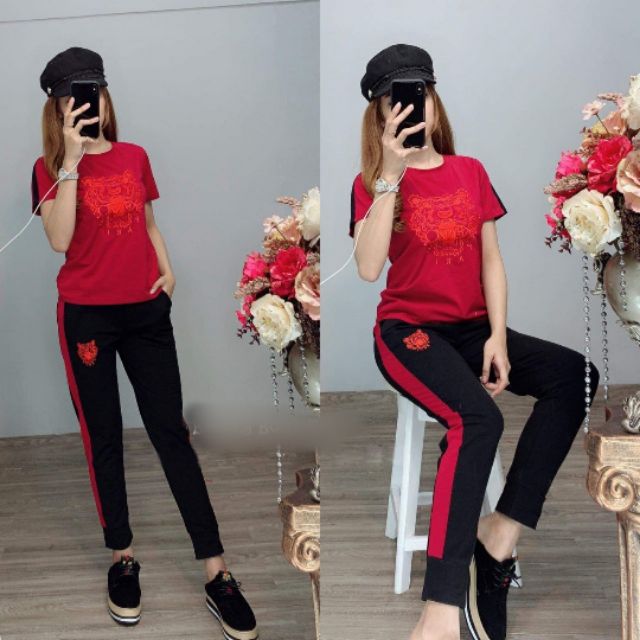 Đồ bộ nữ bo chân thêu logo đồ bộ thể thao mặc nhà dạo phố
