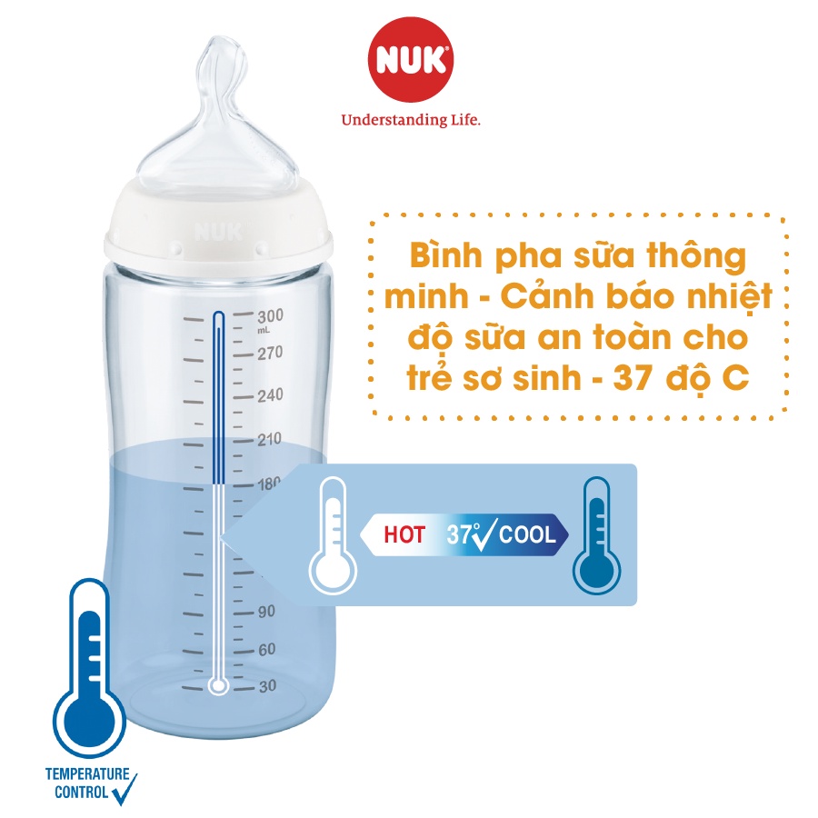[Mã LT50 giảm 50k đơn 250k] Bình sữa cảm biến nhiệt NUK nhựa PP cao cấp chuẩn EU núm ti silicone chỉnh nha 150ml, 300ml