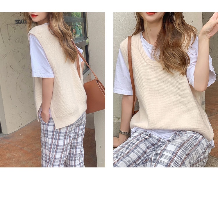 Áo gile nữ chất len cổ tròn xẻ vạt nhiều màu hàng Quảng Châu, áo gile len màu trơn basic Vintage Phong Cách Hàn Quốc