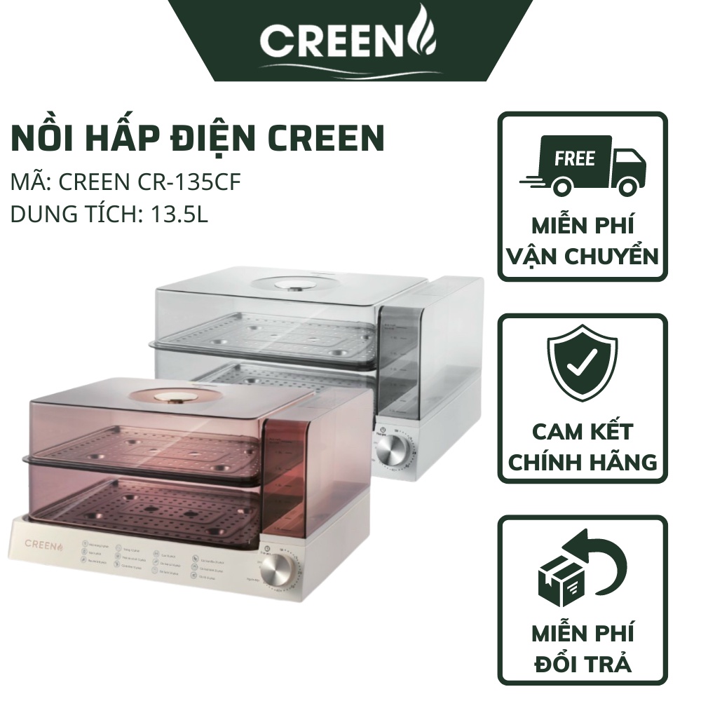 Nồi hấp điện CREEN CR-135CF dung tích 13.5L - Nồi hấp 2 tầng thông minh, giữ nhiệt