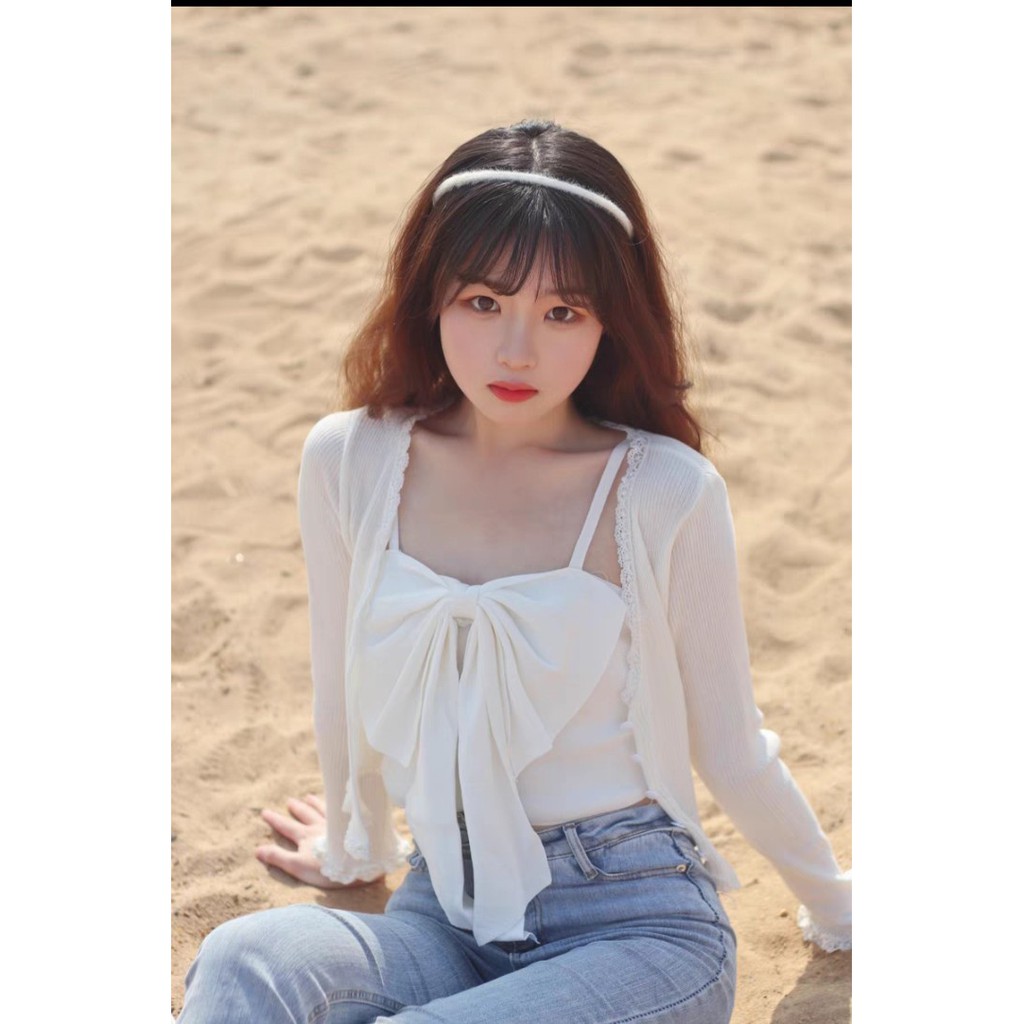 Set áo hai dây nơ ngực, áo cadigan nữ len dệt kim mỏng nữ tính sexy - Có ảnh thật