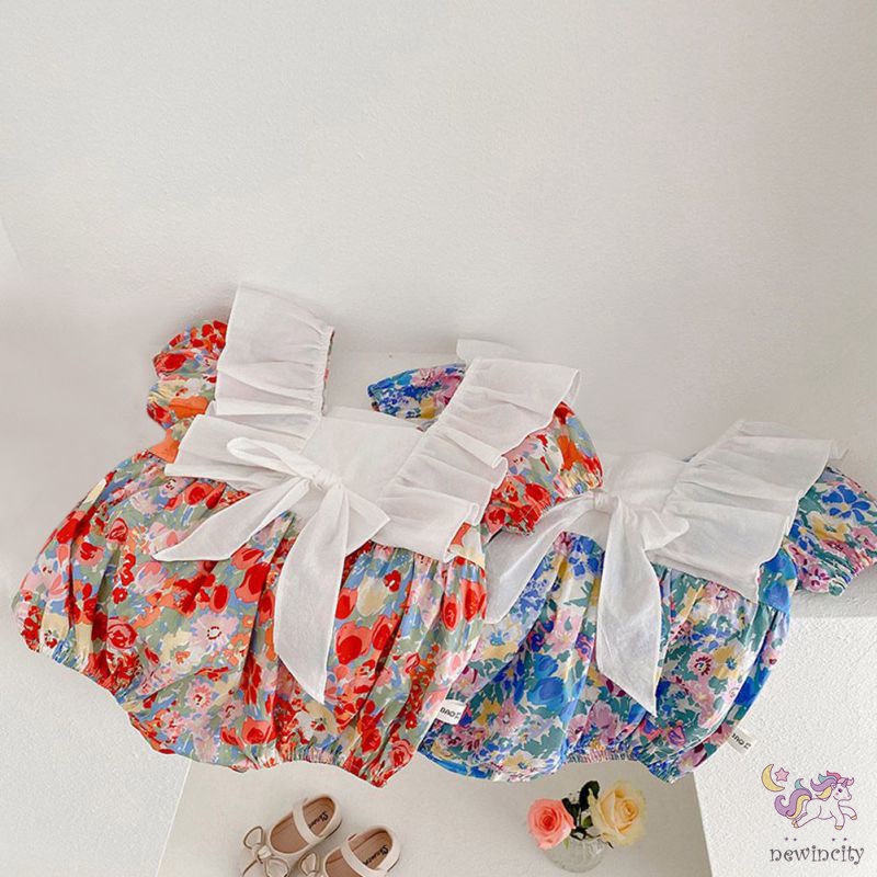 Bộ Áo Liền Quần Tay Ngắn Cổ Búp Bê Phối Bèo In Hoa Dễ Thương Phong Cách Hàn Quốc Cho Bé Gái