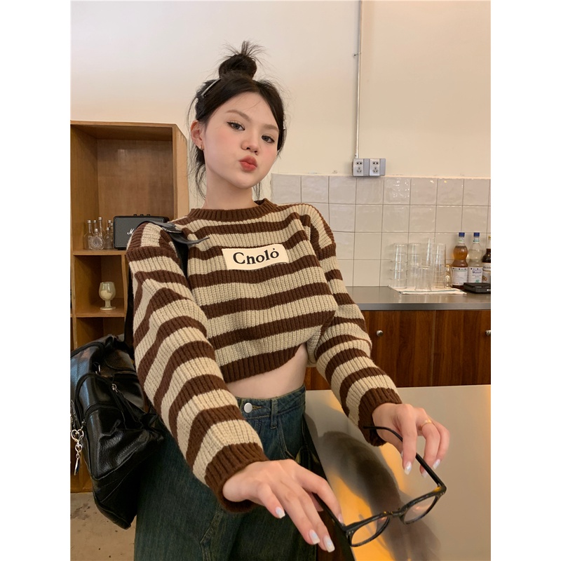 HUANG YOYO Áo sweater dệt kim tay dài cổ tròn hở rốn họa tiết kẻ sọc ngang thời trang Hàn Quốc cổ điển cho nữ
