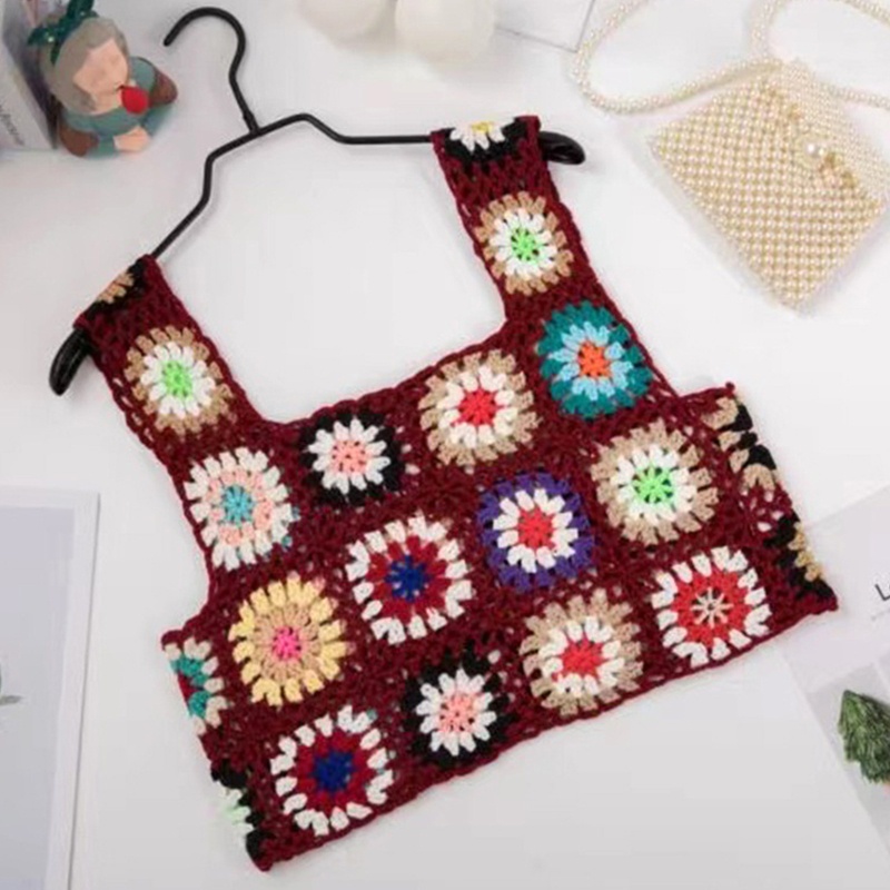 Brroa Áo Crop Top Dệt Kim Thủ Công Không Tay Khoét Rỗng Họa Tiết Hoa Nhiều Màu Sắc Phong Cách Boho Cho Nữ Đi Biển