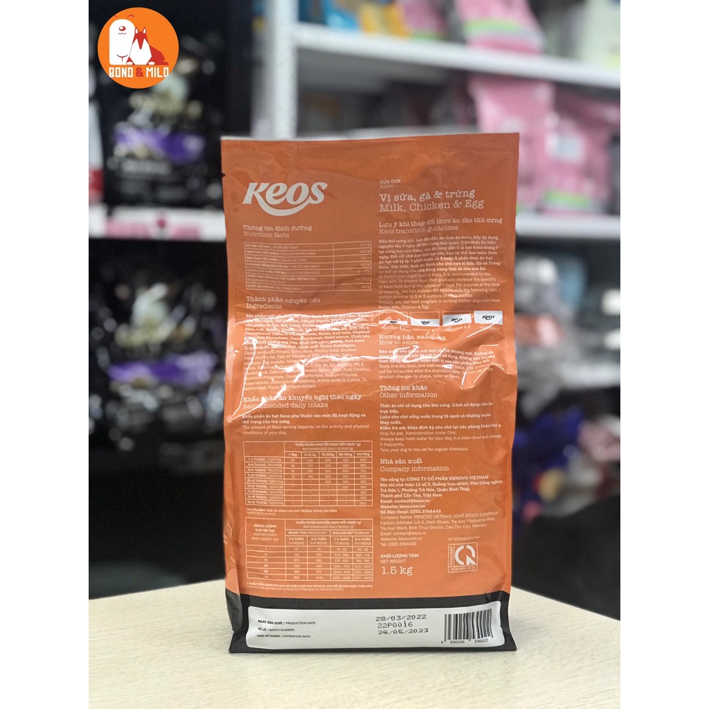 THỨC ĂN CHO CHÓ HẠT KEOS VỊ BÒ VÀ GÀ BAO 1,5KG - BONDMILO SHOP