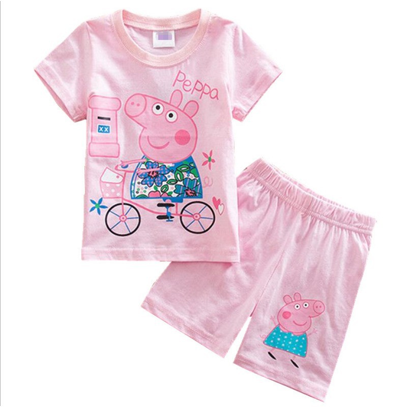 Bộ Đồ Ngủ Pijama Tay Ngắn In Hình Peppa Cho Bé 1-7 Tuổi