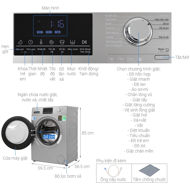 Máy giặt Aqua cửa ngang 9 kg màu bạc AQD-D900F.S