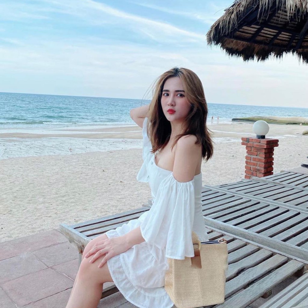 Đầm trễ vai nút bọc tay loe (có ảnh thật) | BigBuy360 - bigbuy360.vn