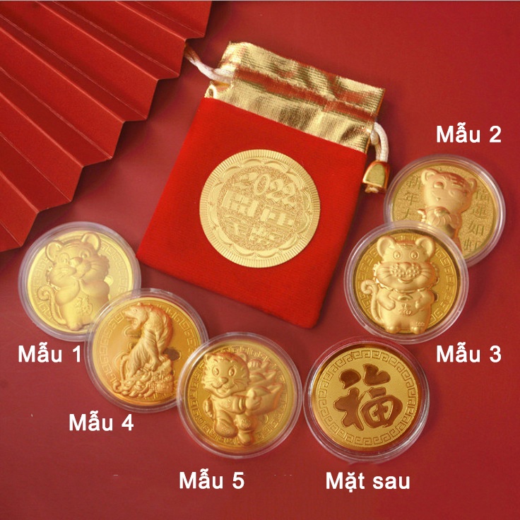 (CHUYÊN SỈ) ĐỒNG XU HỔ MẠ VÀNG KÈM TÚI GẤM ĐỎ MAY MẮN (GIÁ RẺ)