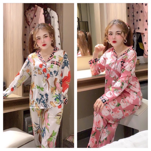set đồ bộ pijama lụa satin tay dài quần dài họa tiết tết 2020