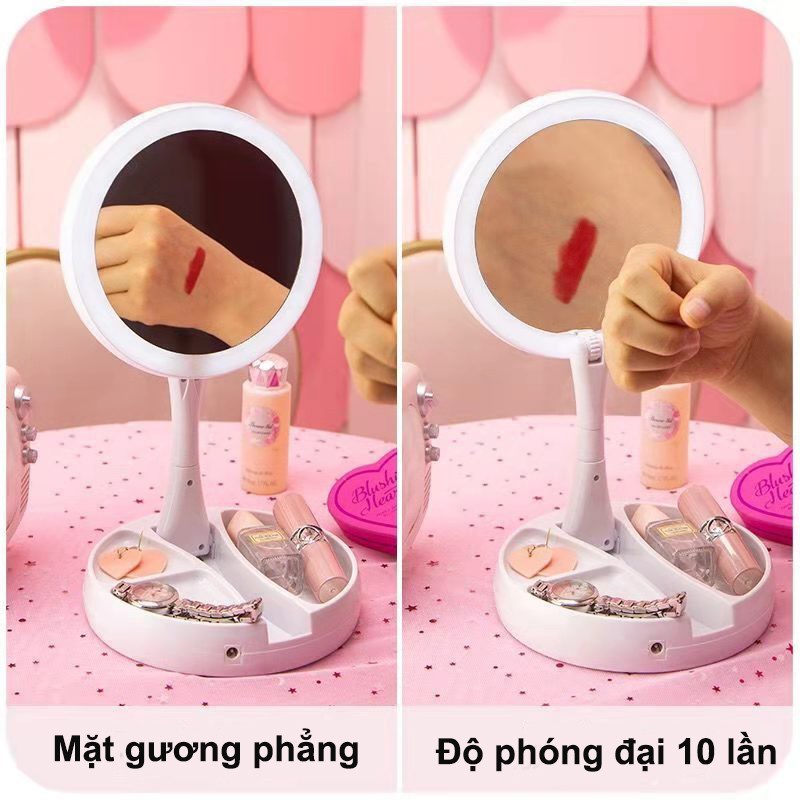 Gương Trang Điểm Để Bàn Phấn Có Đèn Led Sạc Kính Tròn Makeup Phóng Đại Lật 2 Mặt Xoay 360 Độ Mini Gấp Gọn