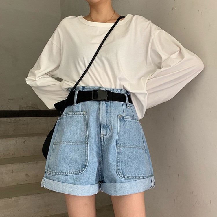 Quần Sooc Bò BIGTOE Phối Hai Túi Trước - Rere.Store [FREESHIP] - Short jean cạp cao ống rộng gập gấu Ulzzang