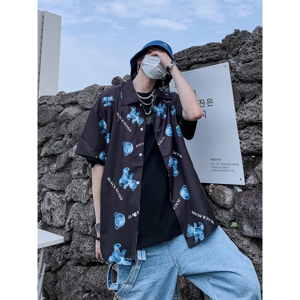 Áo sơ mi nam nữ oversize hình GẤU XANH đen