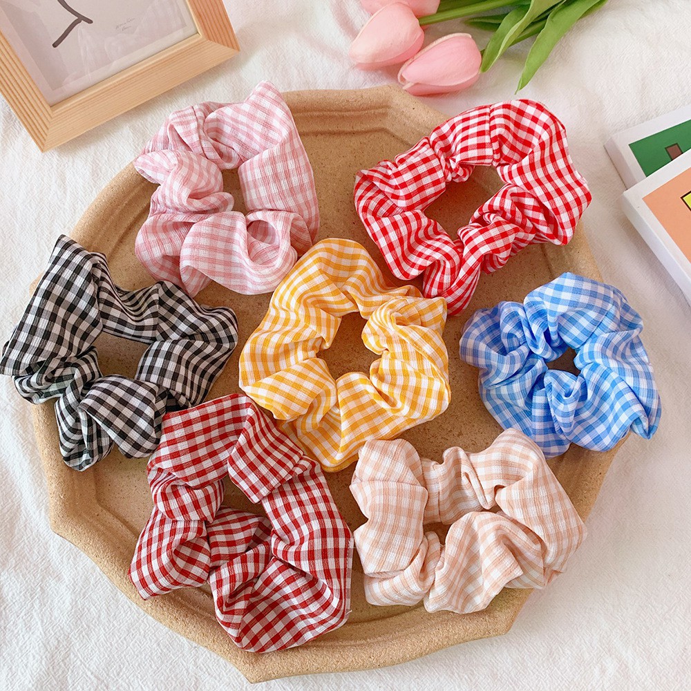 Scrunchies Cột Tóc Vải Tròn Họa Tiết Gingham Caro Nhiều Màu Đáng Yêu Hot Trend