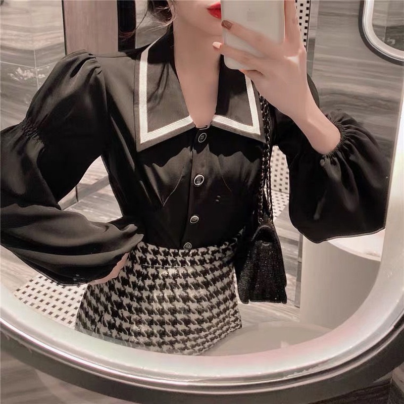 Áo sơ mi tay dài màu đen/ Chân váy dài lưng cao IELGY thiết kế thời trang cho nữ