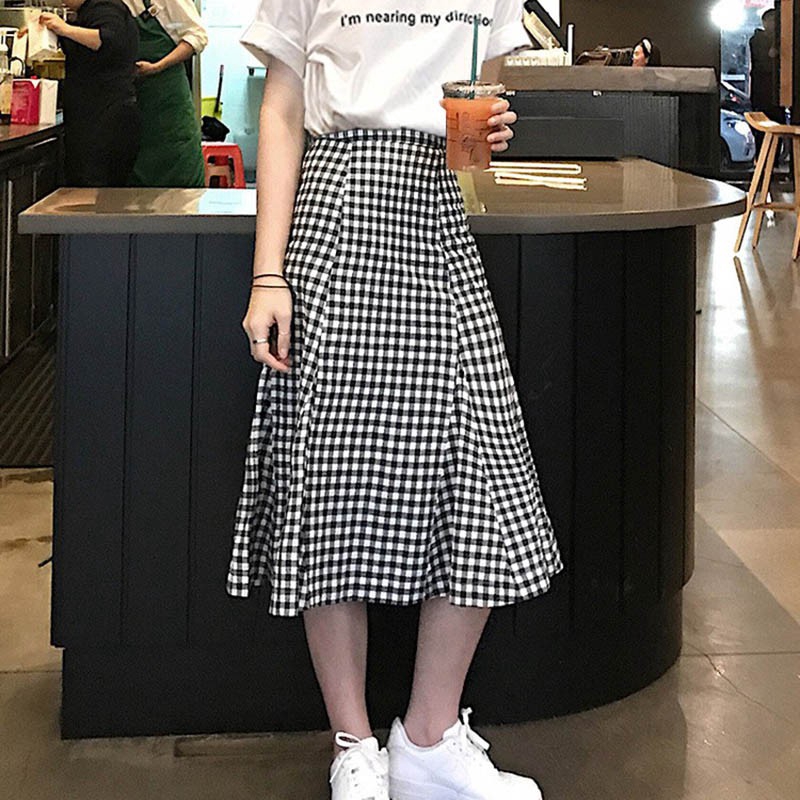Women's Vintage Plaid Preppy Style Slim Thin Wild Mid-Length Skirt