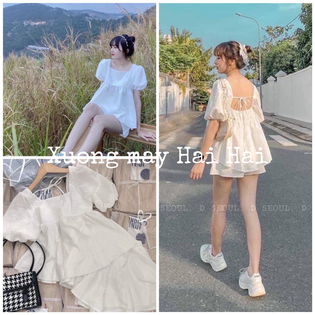Set babydoll cộc tay thô lụa phối dây lưng - Bộ đồ hè quần short áo kiểu bánh bèo tiểu thư màu trắng mặc đi biển ulzzang