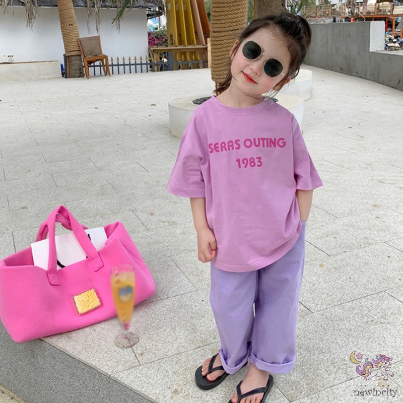 Áo Thun Tay Ngắn In Chữ Đơn Giản Phong Cách Hàn Quốc Cho Bé Gái