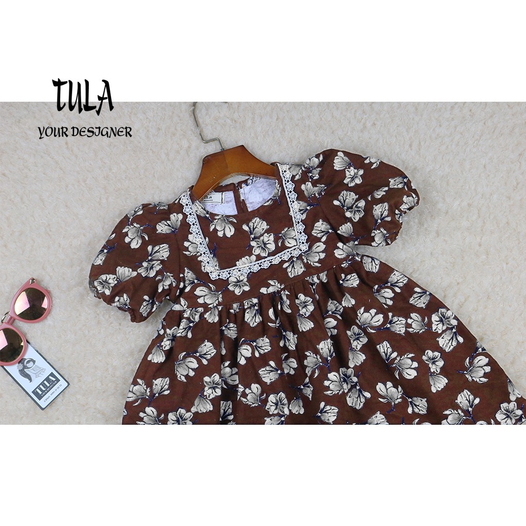 Váy Đầm Bé Gái Phối Ren Trắng Màu Họa Tiết Hoa Nền Nâu Cực Xinh Vải Thô Cào Bông Hàn Quốc