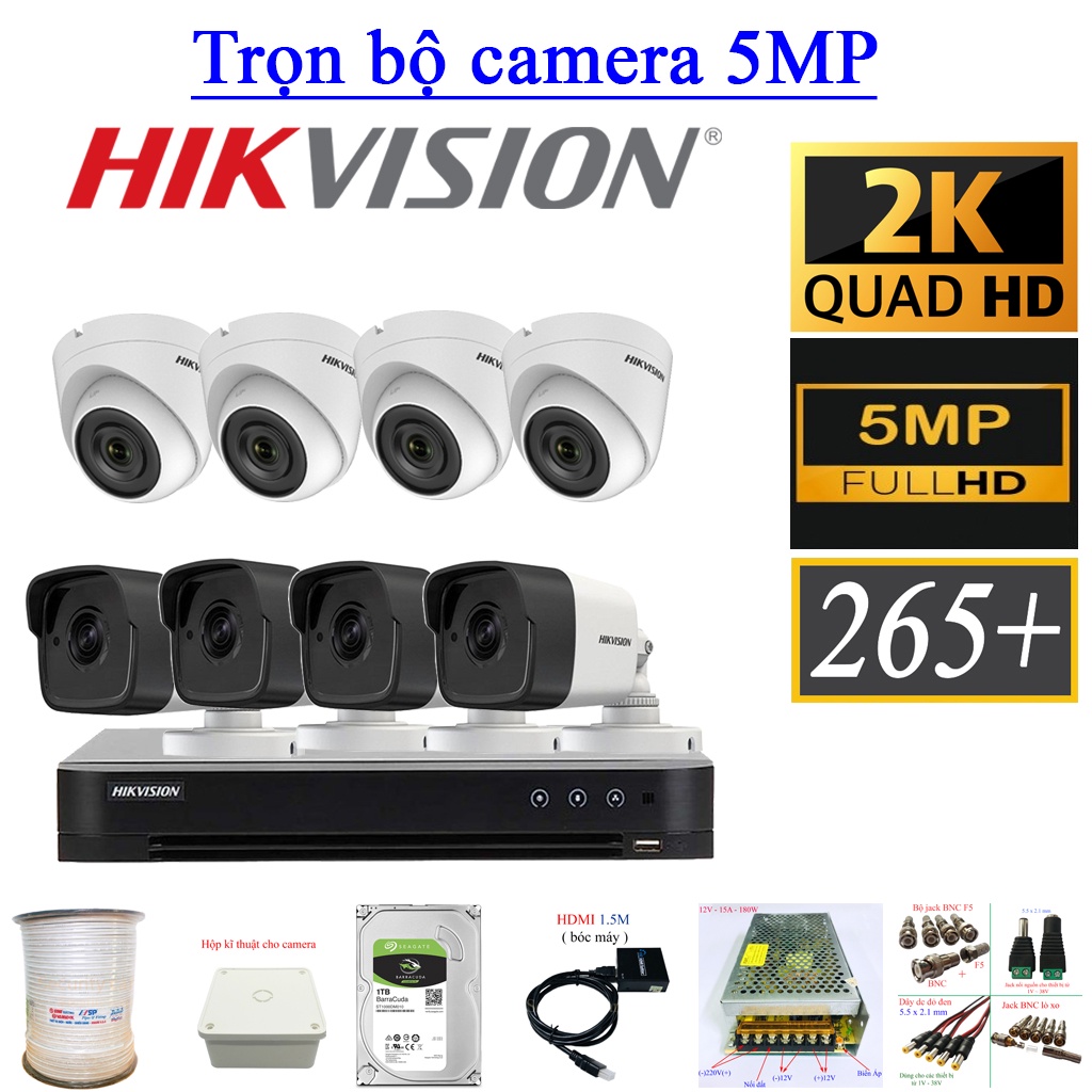 Bộ Camera HIKVISION 5MP 5/6/7/8 mắt  Chính Hãng (FULL PHỤ KIỆN LẮP ĐẶT), Ổ Cứng Tùy Chọn - bảo hành 24 tháng