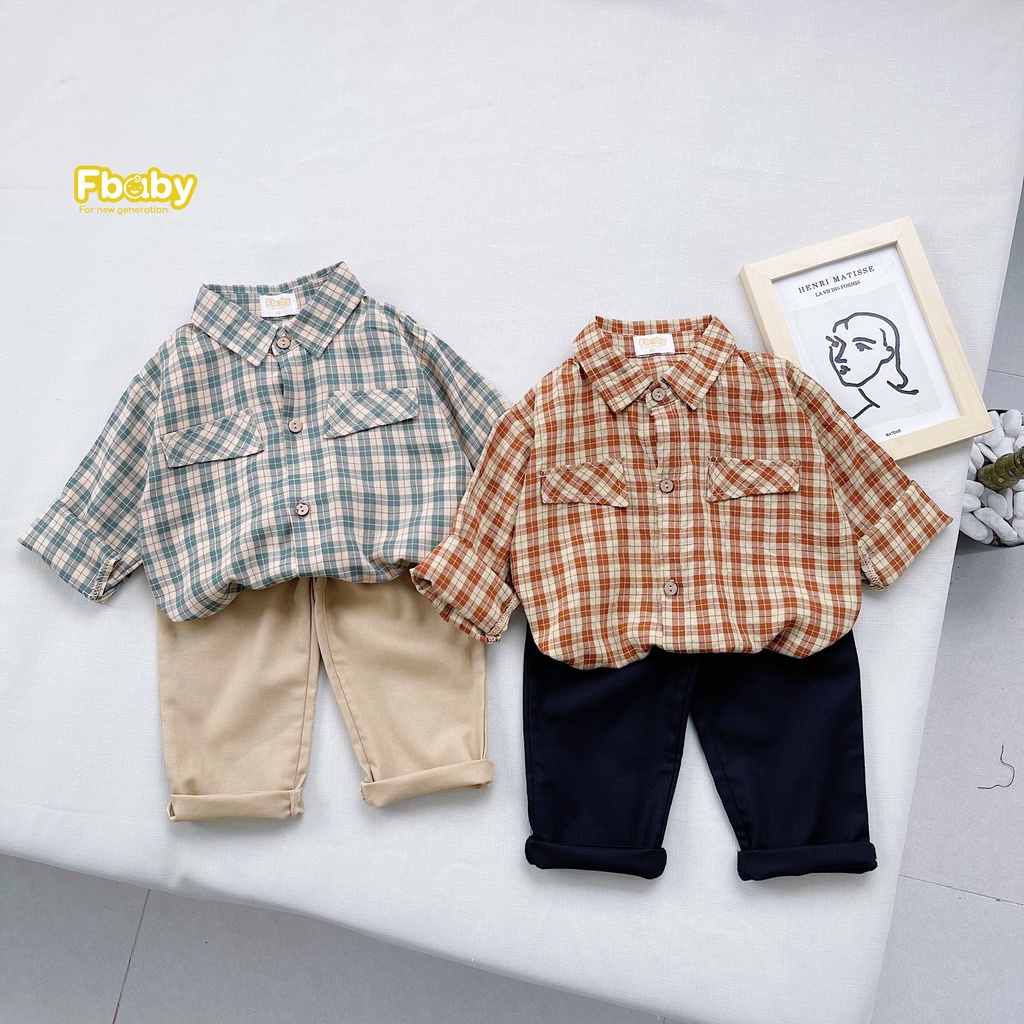 Bộ sơ mi bé trai FBABY kẻ caro phong cách Hàn Quốc, Set bộ bé trai sơ mi dài tay chất liệu thô đũi cao cấp