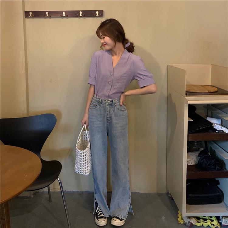 Áo kiểu tay ngắn phồng cổ chữ V phong cách retro thời trang mùa hè xinh xắn dành cho nữ