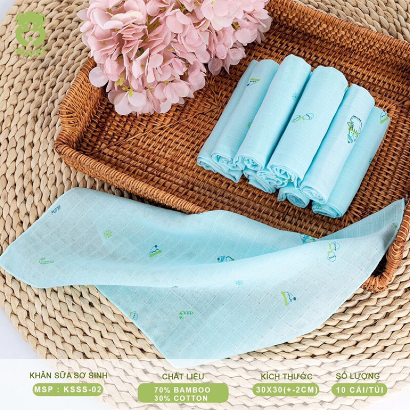 Khăn sữa sơ sinh mipbi 70% sợi tre 30% cotton 2 lớp (sét10)