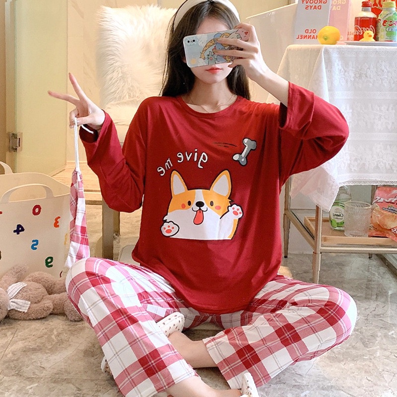 Đồ bộ thun tay dài Quảng Châu, pijama quần dài, đồ mặc ở nhà họa tiết hoạt hình dễ thương, bộ mặc nhà tặng kèm túi