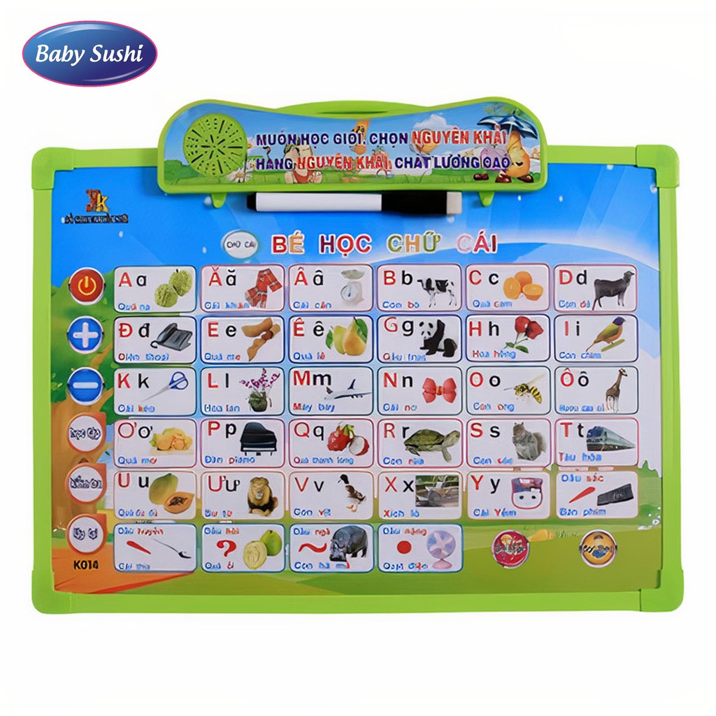 Bảng chữ cái điện tử babysushi gồm 5 tờ 11 chủ đề, bảng chữ cái luyện nghe nói cho bé từ 1-5 tuổi (tặng pin kèm theo)