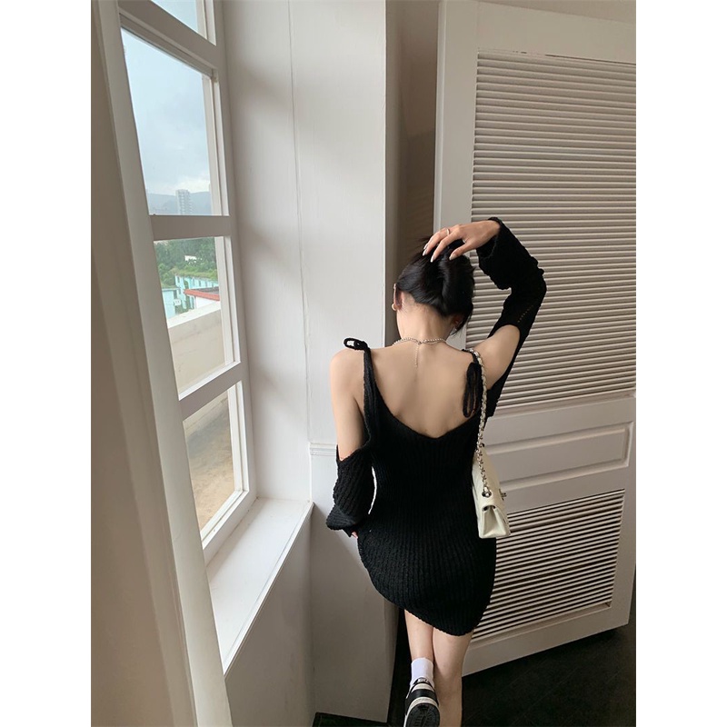 Knitted suspender dress summer sunscreen v-collar slim black hollowed-out long-sleeved spicy girl thin a-word short skirt