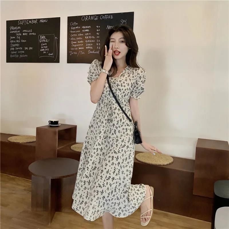 Đầm Hoa Ngắn Tay Thời Trang Xinh Xắn 153201 Đầm Dài Qua Gối Cổ Chữ V Thời Trang Thanh Lịch Dành Cho Nữ