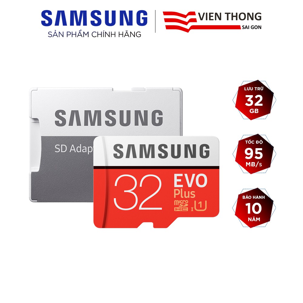 Thẻ nhớ microSDHC Samsung Evo Plus 32GB upto 95MB/s U1 kèm Adapter (Bảo hành 5 năm) - Hãng phân phối chính thức