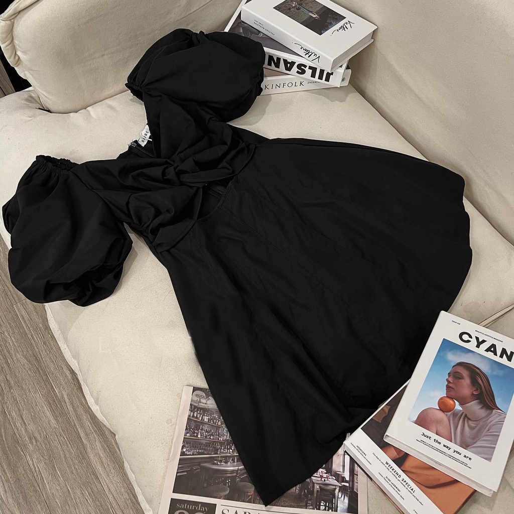 Đầm xoắn ngực tay bồng dáng ngắn cao cấp - TQ