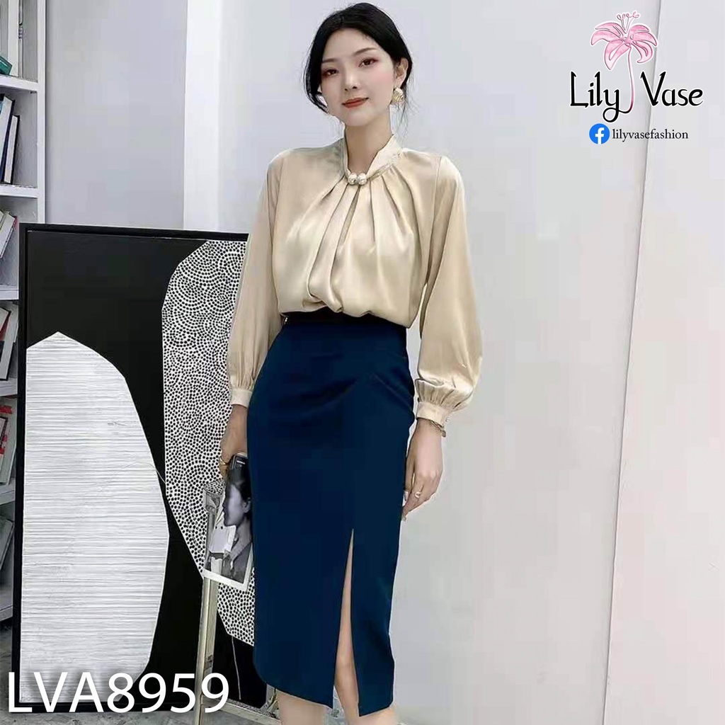 Áo sơ mi nữ dài tay chất lụa mát mềm, cổ cách điệu kèm phụ kiện sang chảnh rất hợp với tiết trời thu (LVA8959)