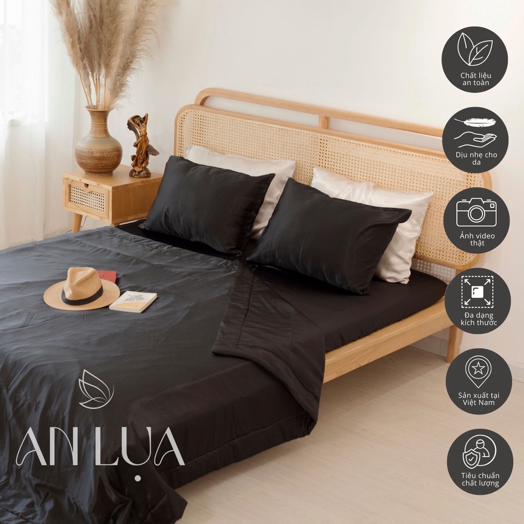 Bộ chăn drap 5 món An Lụa - Đen - vải lụa mịn mát và thân thiện cho da