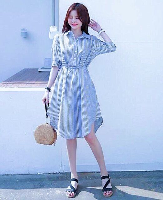 Đầm Nữ Xanh Sơ Mi Kẻ Sọc