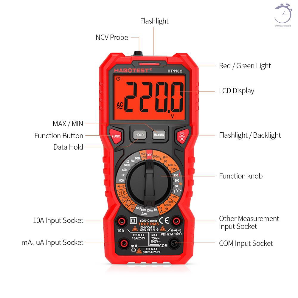 Đồng hồ vạn năng kỹ thuật số HABOTEST HT118C Phạm vi hướng dẫn sử dụng Đồng hồ đa năng 6000 Đếm RMS thực Đo Điện áp AC / DC Điện trở Điện dung Tần số Nhiệt độ NCV Kiểm tra Diode Kiểm tra pin với Đèn pin nền LCD♠